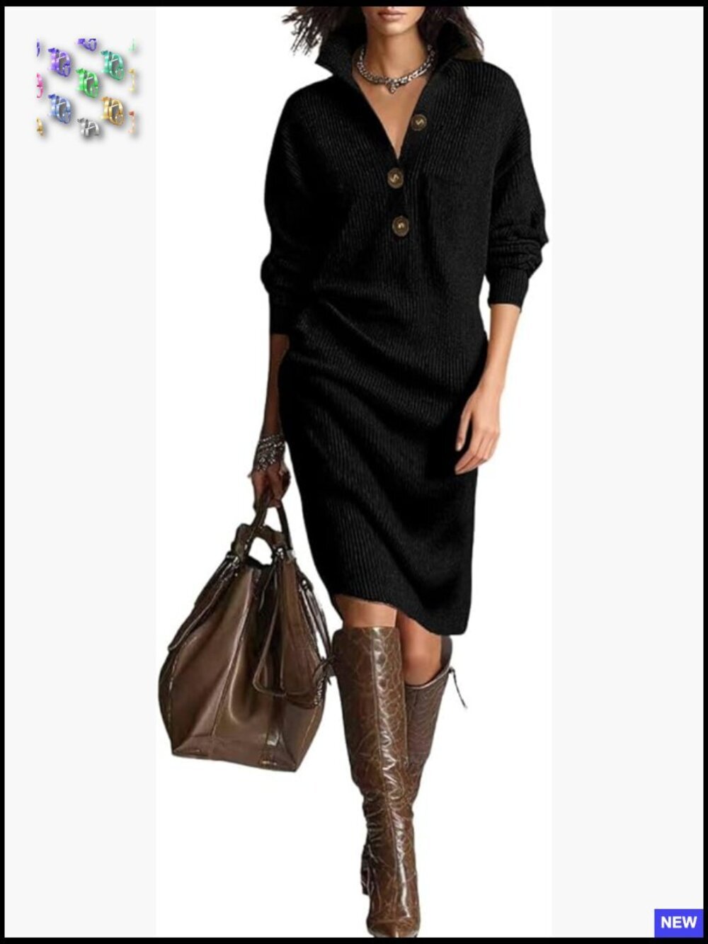 Vintage Ribbed Knit Sweater Dress Button Up Polo Collar Long Sleeve Midi Shift